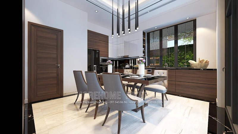 Sử dụng gam màu nâu trầm đóng vai trò chủ đạo, tủ bếp gỗ Veneer được coi là điểm nhấn sang trọng cho cả không gian Tủ bếp màu trắng và màu nâu đẹp