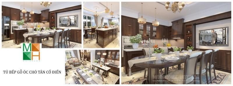 Chào mừng bạn đến Nội thất Morehome, đơn vị chuyên thiết kế và thi công sản xuất tủ bếp tân cổ điển bằng gỗ tự nhiên óc chó.