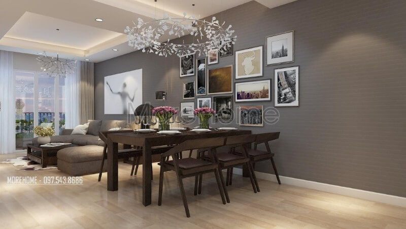 Thiết kế nội thất phòng ăn hiện đại liền kề với không gian phòng khách tạo cho gia chủ một không gian dùng bữa ấm áp hơn