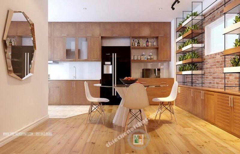 Trang trí phòng ăn độc đáo cho nhà phố, chung cư với sàn gỗ đẹp kết hợp giương treo tường ấn tượng giúp không gian thêm sang trọng và lôi cuốn