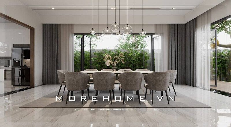 Mẫu thiết kế nội thất phòng ăn biệt thư với bộ bàn ghế ăn sang trọng tạo điểm nhấn bật cho không gian căn nhà