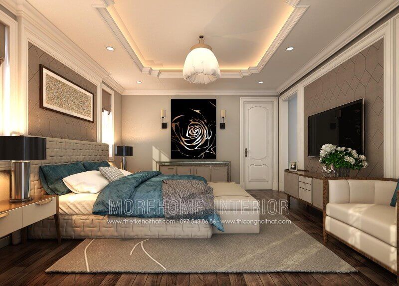 Mẫu giường ngủ 2 người được thiết kế đơn giản, nhẹ nhàng, KTS lựa chọn chất liệu gỗ công nghiệp bọc da ấn tượng cùng màu sắc trang nhã gợi nên một không gian riêng tư sang trọng và hiện đại