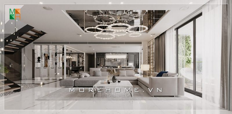 Mẫu thiết kế phòng khách với nội thất tông màu ghi sang trọng đẳng cấp, phù hợp với nhà phố, biệt thự phong cách hiện đại